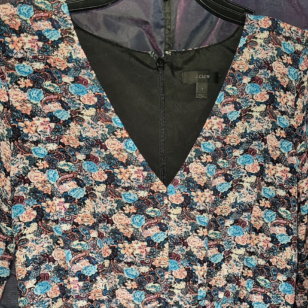 J. Crew Black and Blue Floral V-Neck Dress